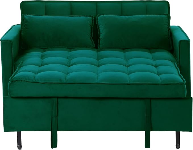 3 in 1 Convertible Sofa Bed Love Seat Sleeper Bed with Side Pockets Velvet Fabric Pull Out Couch with Adjustable Backrest for Living Room Bedroom Apartment Dark Green