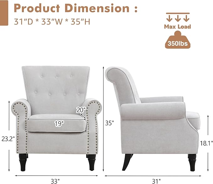 Wingback Accent Chairs Set of 2 for Living Room Comfy Upholstered Armchair with Removable Cushion Reading Chair with Nailhead Trim and Wood Legs Single Chair for Living (Light Grey)