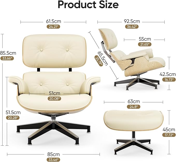 Top Cream White Grain Leather Mid Century Chaise Lounge Chair and Ottoman Modern Chair Classic Design Ash Wood Heavy Duty Base Support for Living Room Office