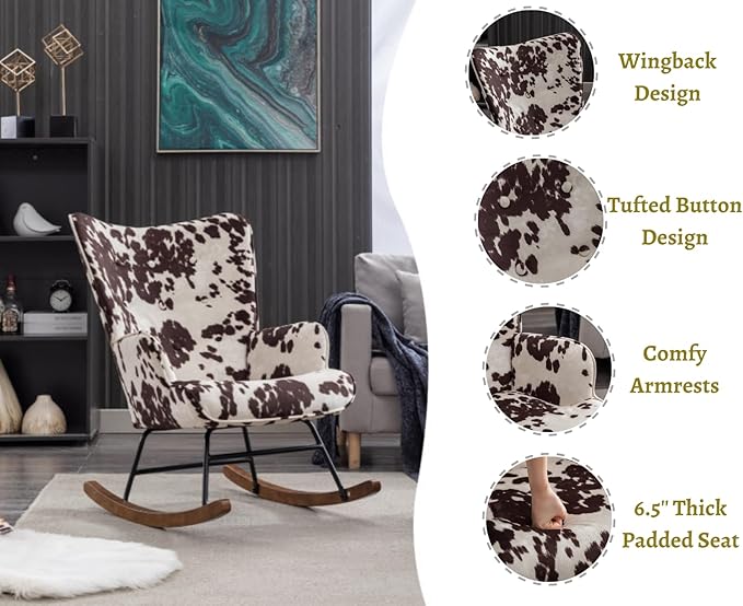 EALSON Nursery Rocking Chair Fabric Upholstered Rocker Chair Tufted Wingback Accent Chair with Wooden Base Modern Comfy Lounge Armchair for Bedroom Living Room Cow