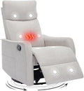Swivel Rocker Recliner Chair 360° Swivel Recliner with Heat and Massage Rocker Recliner Nursery Glider Chair with Side Pockets for Living Room (Beige Fabric)