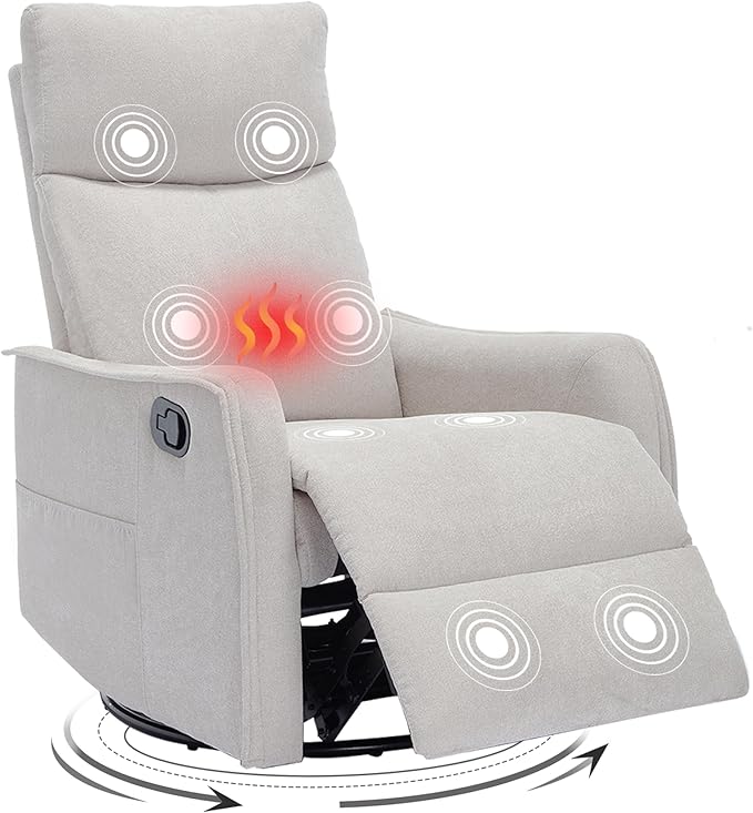 Swivel Rocker Recliner Chair 360° Swivel Recliner with Heat and Massage Rocker Recliner Nursery Glider Chair with Side Pockets for Living Room (Beige Fabric)