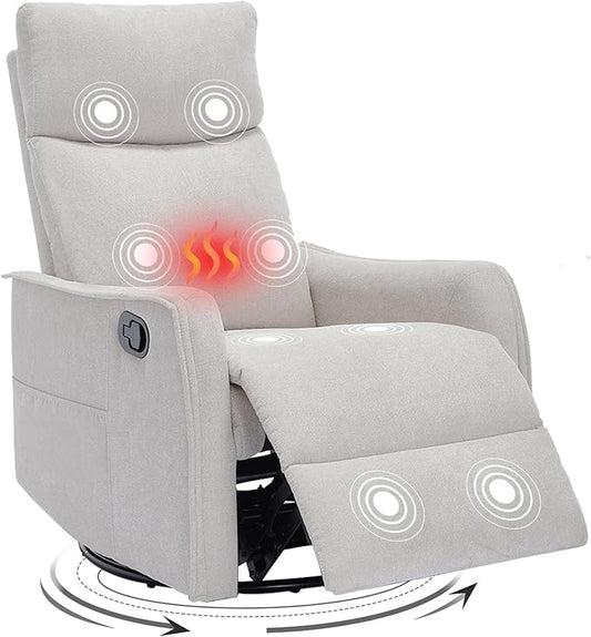 Swivel Rocker Recliner Chair 360° Swivel Recliner with Heat and Massage Rocker Recliner Nursery Glider Chair with Side Pockets for Living Room (Beige Fabric)