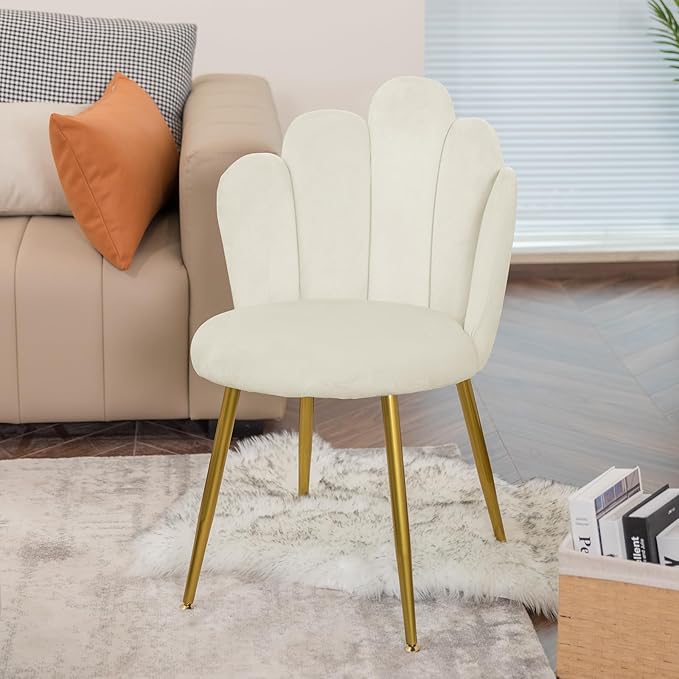 Vanity Chair for Makeup Room - Midcentury Modern Accent Chair for Living Room Bedroom Makeup Chair with Back Support Velvet Chair with Gold Legs (Cream)