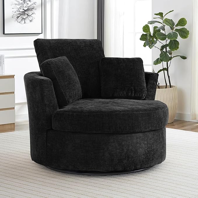 42 W Modern Black Swivel Barrel Chair with 360° Round Metal Base &amp Soft Chenille Pillows &amp Thick Cushion Comfy Oversized Chaise Longue Indoor Living Room Bedroom Club Reading Armchair (Blac