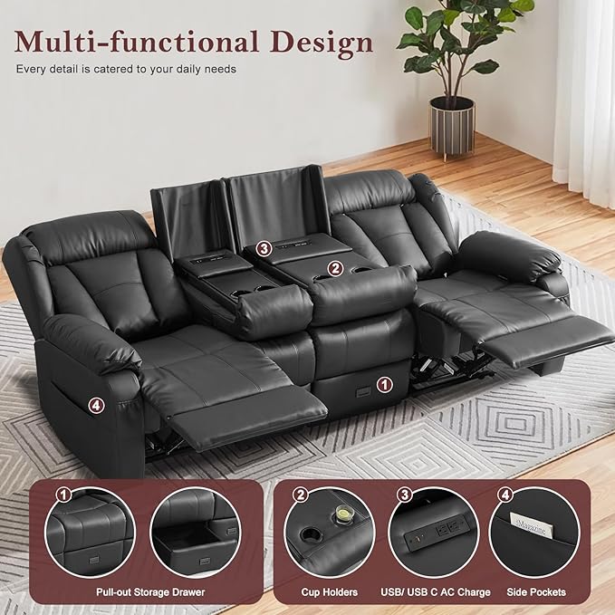 90.6 Manual Reclining Loveseat Sofa - Wall Hugger 3 Seat Loveseat Recliner with Console Fold-Down Table and Built-in Outlets Recliner Couch for Living Room RVs Home Theater Seating