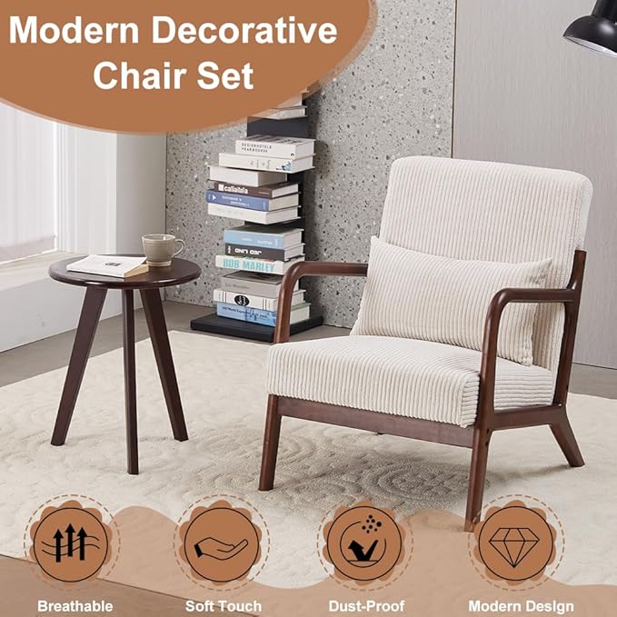 Mid-Century Modern Accent Chair Arm Chair Living Room Chairs with Pillow Upholstered Reading Chair with Solid Wood Frame &amp Living Room Bedroom Balcony