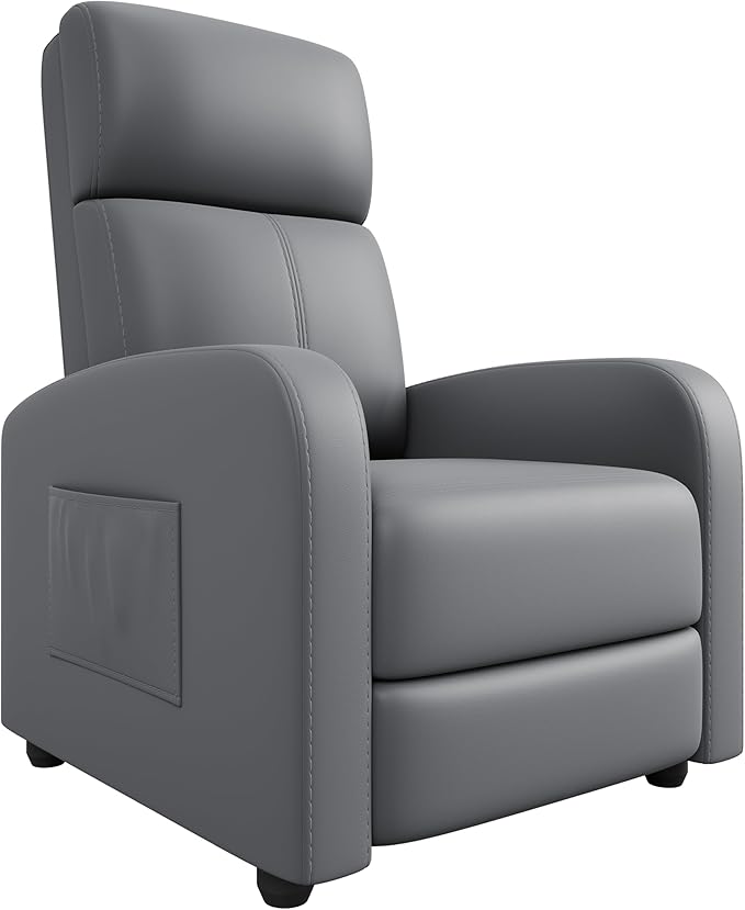 Recliner Chair Lazy Recliner Sofa for Adults Adjustable PU Leather Single Chair with Tall Back Wide Arms &amp Side Pocket Padded Home Theate Living Room Seating