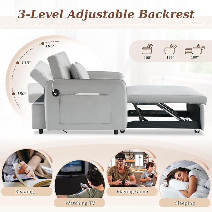 Convertible Sleeper Chair Bed3 in 1 Velvet Tufted Upholstered Single Sleeper Sofa with Adjustable Backrest&ampUSB PortPull Out Recliner Lounger Bed for Living RoomOfficeApartmentSmall Space(Grey