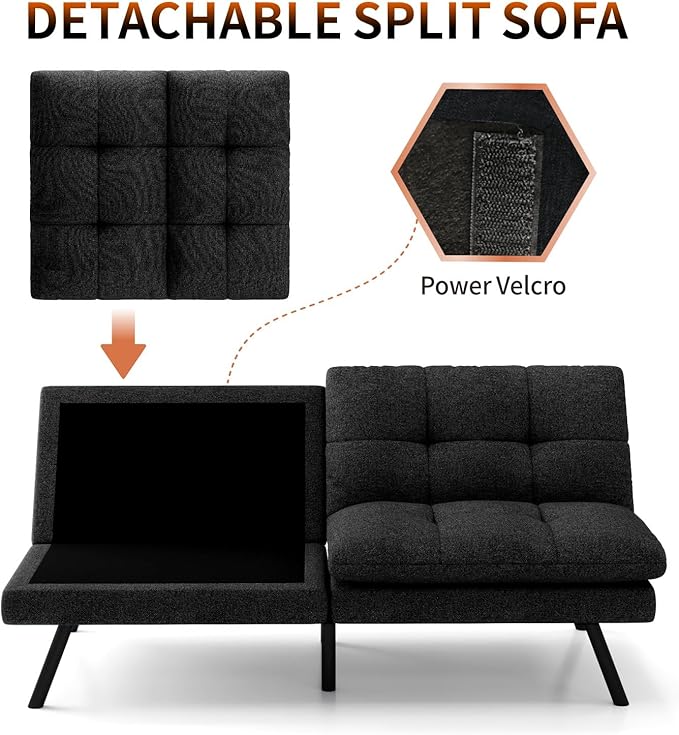 MUUEGM 68” Convertible Futon Sofa Bed Upholstered Small Futon Couches with Adjustable Backrest Loveseat Sleeper Bed for Compact Living Room Studio Office (Black)