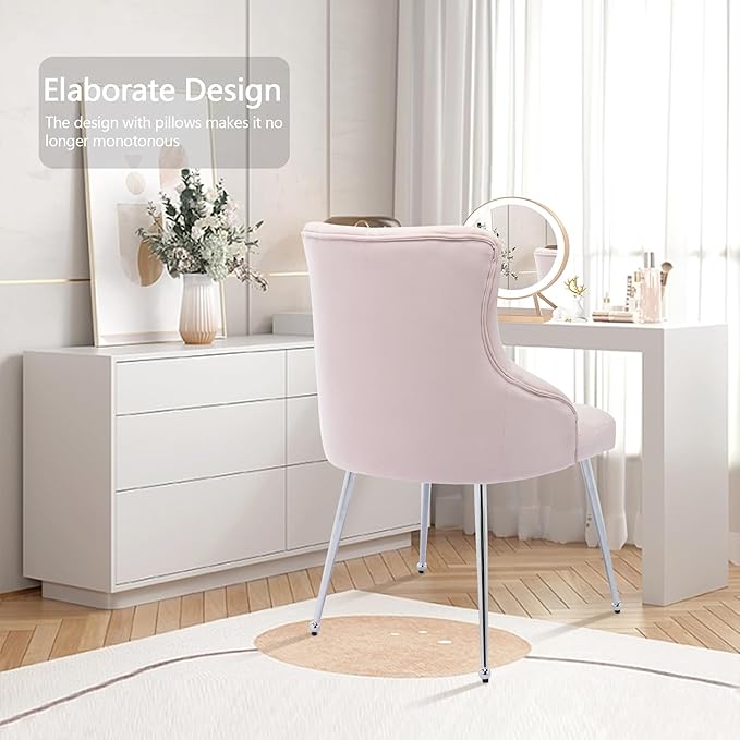 Velvet Vanity Dining Chairs Set of 4 Upholstered Makeup Accent Reading Chair Office Desk Vanity Stool Chairs with Metal Legs for Kitchen Bedroom Living Room Pink