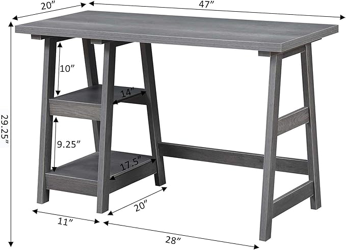 Convenience Concepts Designs2Go Trestle Desk 47 - Modern Desk or Vanity with Shelves for Office Dorm Living Room Charcoal Gray