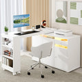 53 L-Shaped Computer Desk Rotating Home Office Desk with Storage Cabinet &amp Drawer Modern Study Writing Table with LED Light Reversible Corner Desk Small Space &amp Bedroom Workstation White