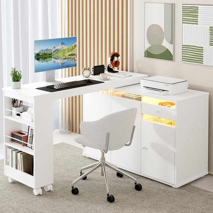 53 L-Shaped Computer Desk Rotating Home Office Desk with Storage Cabinet &amp Drawer Modern Study Writing Table with LED Light Reversible Corner Desk Small Space &amp Bedroom Workstation White
