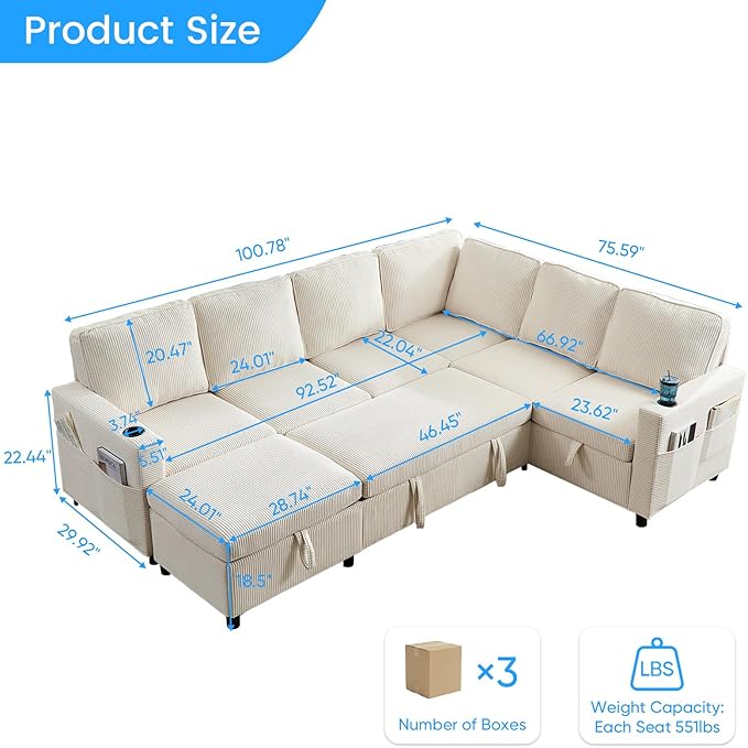 PUREMIND 100 Sectional Sleeper Sofa with Pull Out Bed U Shaped Modular Sectional Sofa with Storage Chaise Corduroy Cloud Sofa Bed with Cup Holders for Living Room Bedroom Apartment Beige