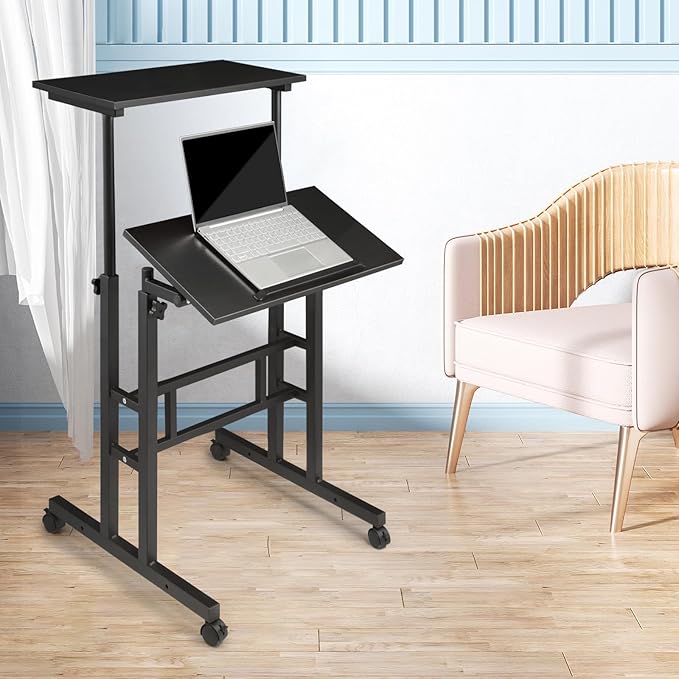 Small Standing Desk Adjustable Height and Angle Computer Laptop Desk Home Office Sit Standup Desk Portable Rolling Desk with Wheels 2 Platforms Black