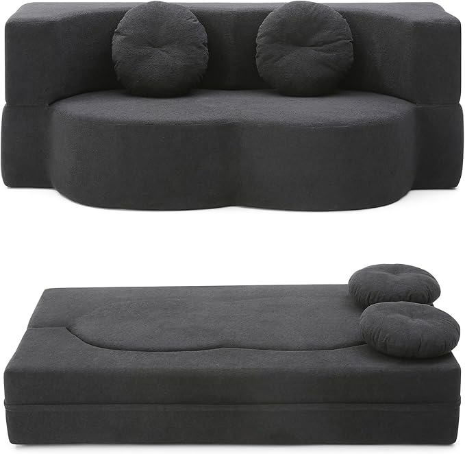 2-In-1 Futon Sofa Bed Foldable Couch with 2 Pillows Convertible Foldable Sofa Bed Folding Sofas Beds for Living Room Guest Room Apartment Office Lazy Sleeper Comfy No Assembly (Black)
