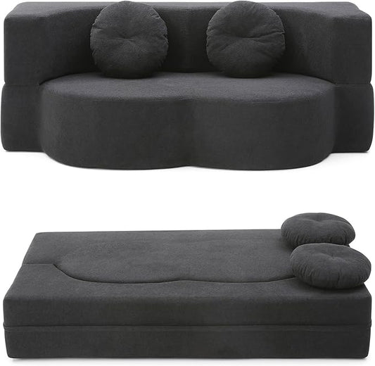 2-In-1 Futon Sofa Bed Foldable Couch with 2 Pillows Convertible Foldable Sofa Bed Folding Sofas Beds for Living Room Guest Room Apartment Office Lazy Sleeper Comfy No Assembly (Black)
