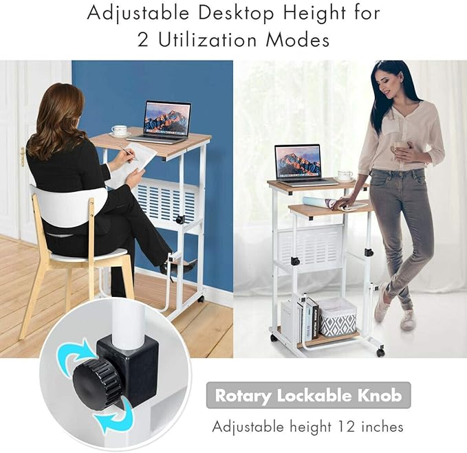 Height Adjustable Sit Stand Desk Home Office Desk with Wheels Rolling Computer Laptop Desk Corner Computer Desk Oak