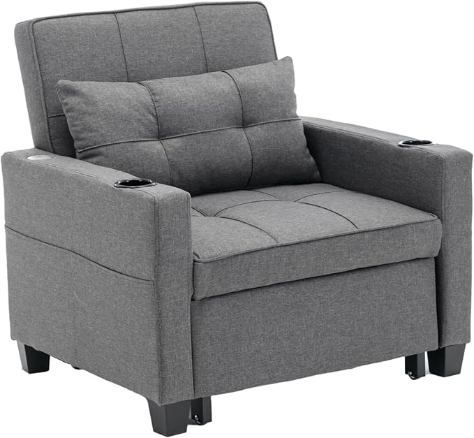 Futon Chair Bed Convertible Sleeper Chair3-in-1 Lazy Chair with USB PortsPull Out Chair Sleeper for Living Room Office Apartment (Linen Dark Grey)