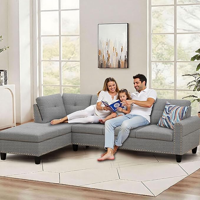 Modular L-Shaped Sectional Sofa Modern Couches with Movable Chaise Convertible 4-Seater Couch for Bedroom Apartment &amp Office Brown Grey