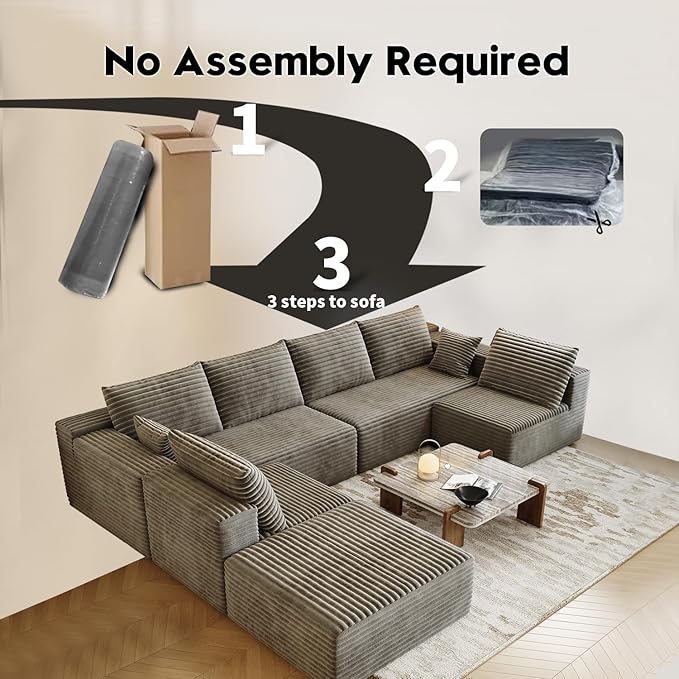 139.4 Modular Sectional Sofa Oversized U-Shaped Minimalist Couches with 2 Middle Seats and 1 Ottoman Chaise Modern Deep Seat Convertible Sleeper Sofa Cloud Plush Corduroy Fabric7 Seater Camel
