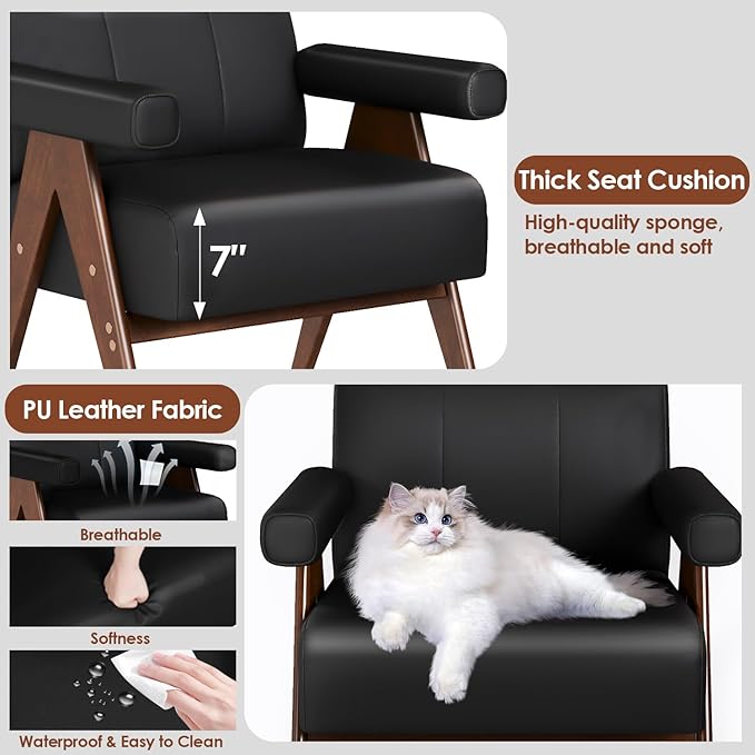 JIASTING Mid Century Modern Accent Chair Set of 2 Black Leather Office Reading Accent Chairs Small Comfy Side Arm Chairs for Living Room Bedroom Wood Arms (2 Black)
