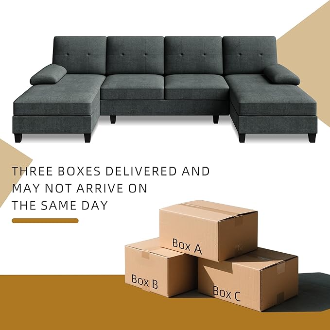 JAMFLY 107 U-Shaped Modern Sofa Modular Sectional Cloud Couch with Chaise 4-Seat Deep Seat Sofa for Living Room Bedroom and Apartment Dark Grey