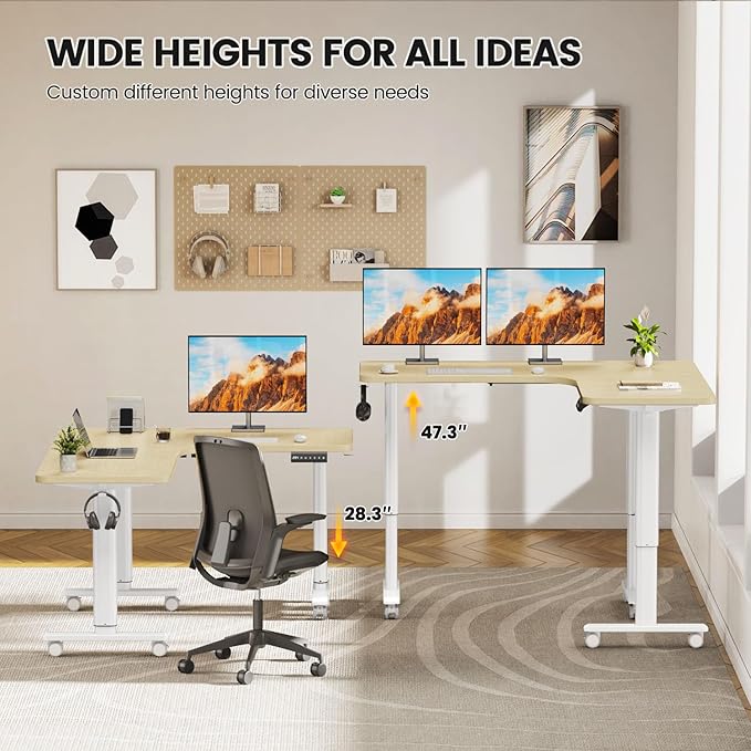 Flycity Electric L Shaped Standing Desk Adjustable Height 63 x 55 Corner Stand Up Table Home Office Desk Dual Motor Sit Stand Desk Computer Desk with 3 Memory Preset &amp Lock Maple