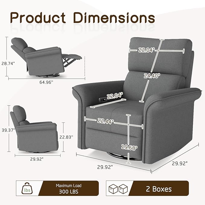 cinkehome Power Swivel Rocker Recliner with USB Overstuffed Electric Reclining Chair Snowflake Fleece Rocker Recliner for Nursery Living Room Bedroom
