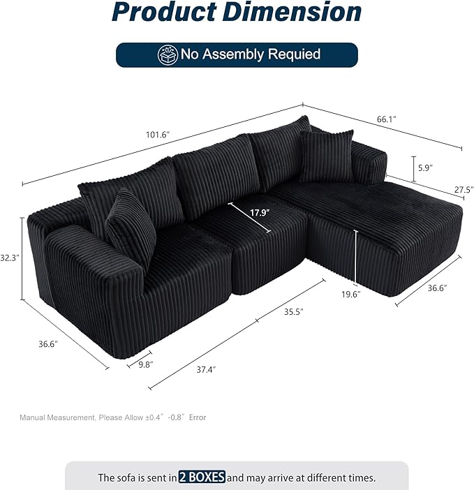 3 Seater L Shaped Sofa with Deep Seat 101 Cloud Sectional Couch with Chaise Cozy Modular Couches Sleeper Oversized Corduroy Sofa for Living Room Bedroom Apartment Black