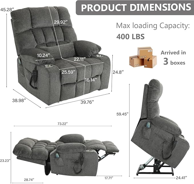 Oversized Power Lift Recliner Chair for Adult Elderly Dual Motor Lay Flat Electric Recliner with Massage &amp Heat 25.5 Wide Seat Big Tall Recliners for Living Room Bedroom Grey
