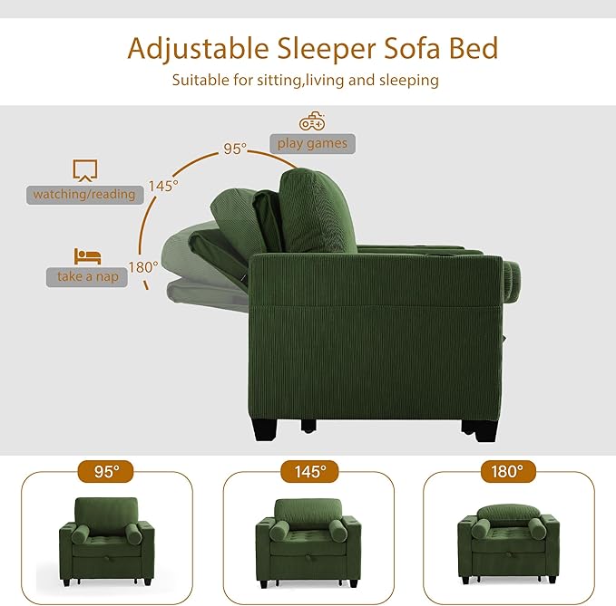 39 Convertible Sleeper Chair Comfy Corduroy Single Sofa Chair with Pull-Out Bed Sleeper Sofa Bed with 3-Levels Adjustable Backrest Side Pocket Cup Holder USB Ports for Living Room Green