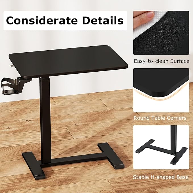 Tangkula Mobile Standing Desk Pneumatic Height Adjustable Rolling Desk with Cup Holder &amp Headphone Hook Overbed Table with Hidden Wheels Laptop Computer Cart for Couch Home Office (Black)