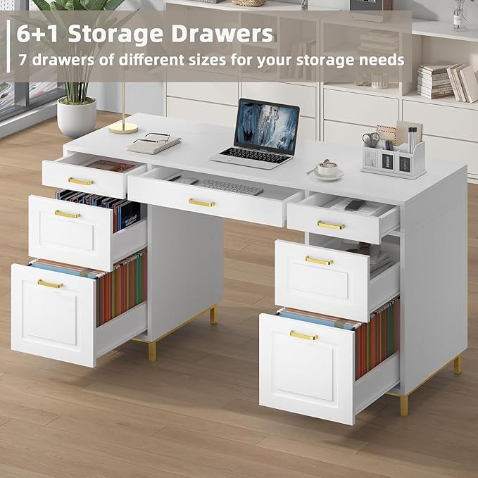 White and Gold Desk with 2 File Drawers 57 Inch Office Computer Desk with 7 Drawers White Desk with Storage Wooden Executive Desk for Office Workspace for Work Study Writing