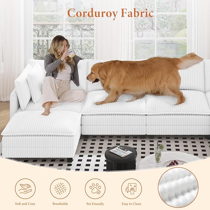 Vesgantti 143 U Shaped Sectional Modular Couch Comfy Corduroy Upholstered Modular Cloud Sofas for Living Room Modern Sectional Sofa with 2 Ottoman Deep Seat Warm White
