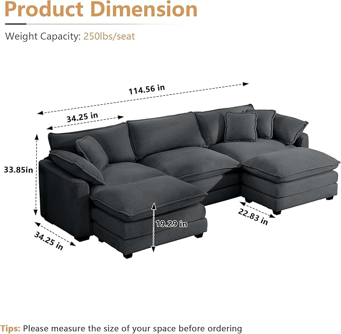 Oversized Modular Sectional Sofa 114.5'' Modern Corduroy Comfy Cloud Couches for Living Room Apartment U-Shaped Deep Seat 3-Seater Sofa with Two Movable Ottoman Grey