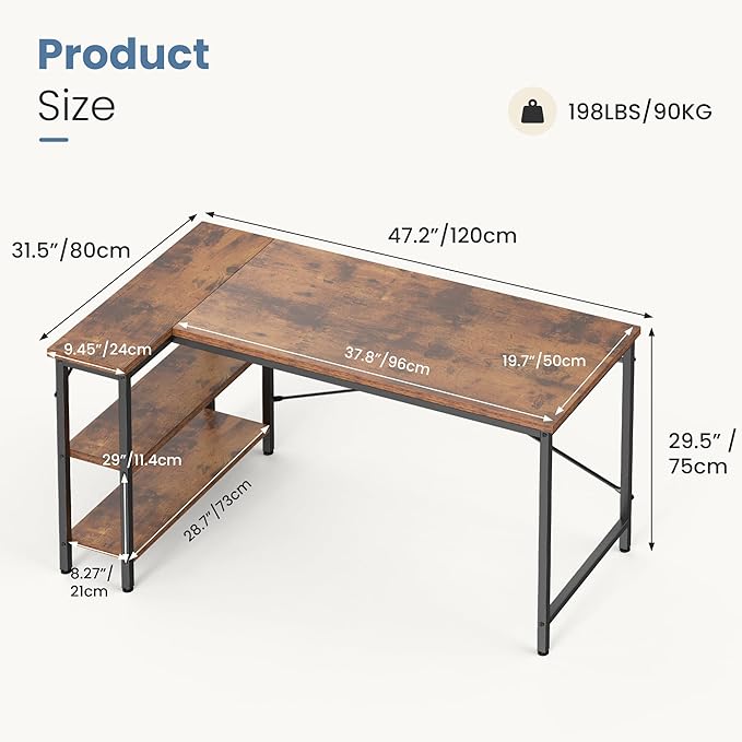 DUMOS L Shaped Desk 47 Inch Computer Desk Gaming Furniture Corner Desks Home Office PC Table with Reversible Storage Shelves for Writing Working Study Bedroom Dorm Rustic Brown