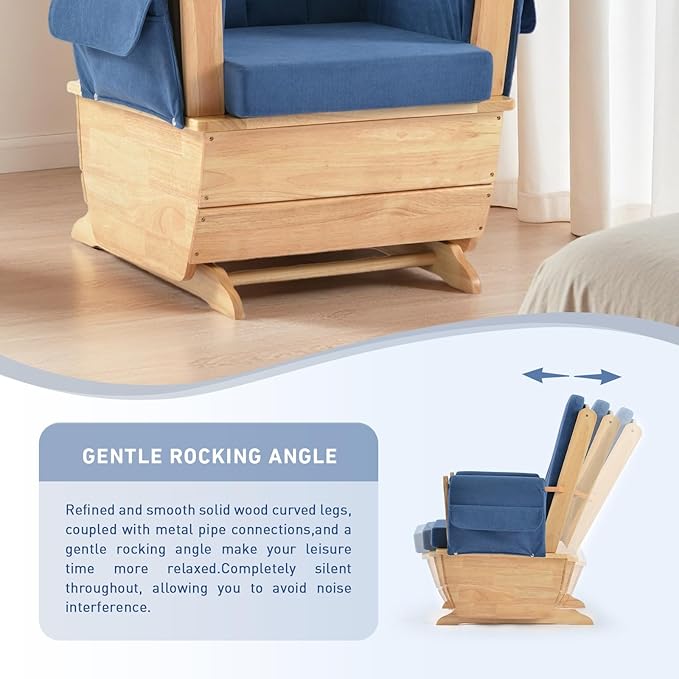Stylish Modern Glider RockerSolid Wood Glider Gentle Rocking Chair with Padded Cushion Water Oil Resistant Fabric Applicable to ReadWatchSleep Blue