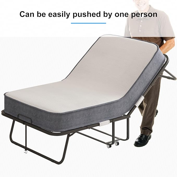 PUREMIND Folding Bed with Mattress for Adults Portable Rollaway Guest Beds with 5 Memory Foam Mattress &amp Metal Frame Twin Size Foldable Beds Fold Away Bed Space Saving