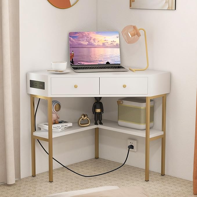 Giantex Corner Desk with Charging Station 90 Degree Triangle Computer Desk with 2 Drawers &amp Storage Shelf L-Shaped Writing Desk Makeup Vanity Table Compact Corner Desk for Small Spaces (White)
