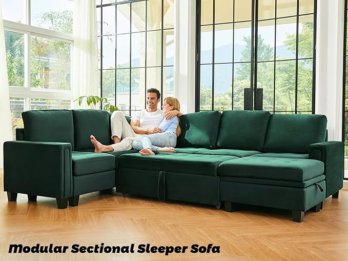 Belffin Pull Out Sofa Bed Module Part for Modular Sectional Sleeper Sofa Armless Loveseat with Pull Out Bed for Sectional Couch Green