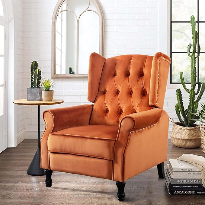 Velvet Accent Chair Push Back Recliner Chair Wingback Arm Chair for Living Room/Bedroom/Home Theater/Reception Area Caramel