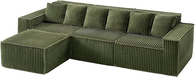 ONBRILL 112.6 Modular Sectional Sofa Comfy Corduroy Boneless Couch with Ottoman Memory Foam Modern Minimalist Cloud L Shaped Couch for Living Room No Assembly Required Green