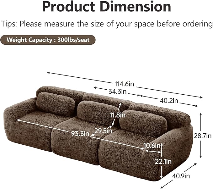115 Sectional Couches for Living Room Comfy Boneless Couch 3 Seater Cloud Sofa Compressed Couch with Deep Seat Modern Modular Sectional Plush Floor Sofa No Assembly (Choco)
