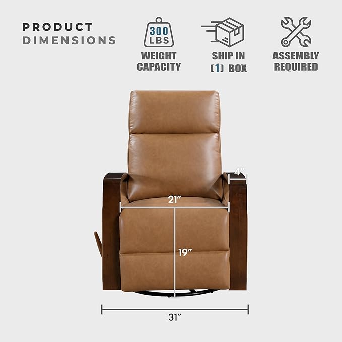 Lexicon 360 Degree Swivel Glider Reclining Chair Breathable Faux Leather Manual Recliner Comfy Nursery Glider Recliner Wood Arms Pull Handle for Living Room/Office/Bedroom/Apartment Camel Brown