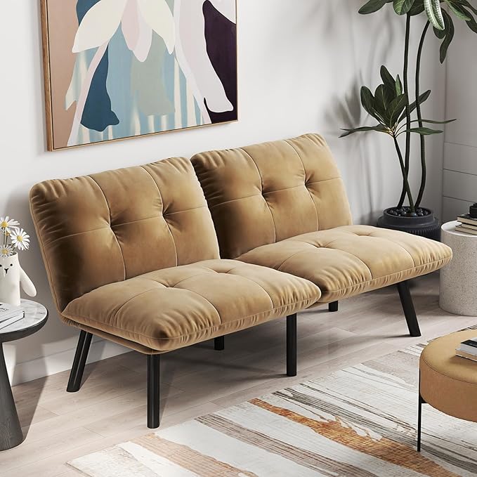 Sofa Bed with Chaise Modern Convertible Sleeper Sectional Loveseat Velvet Futon Couch with Tufted Back and Metal Legs for Small Space Apartment (Brown)