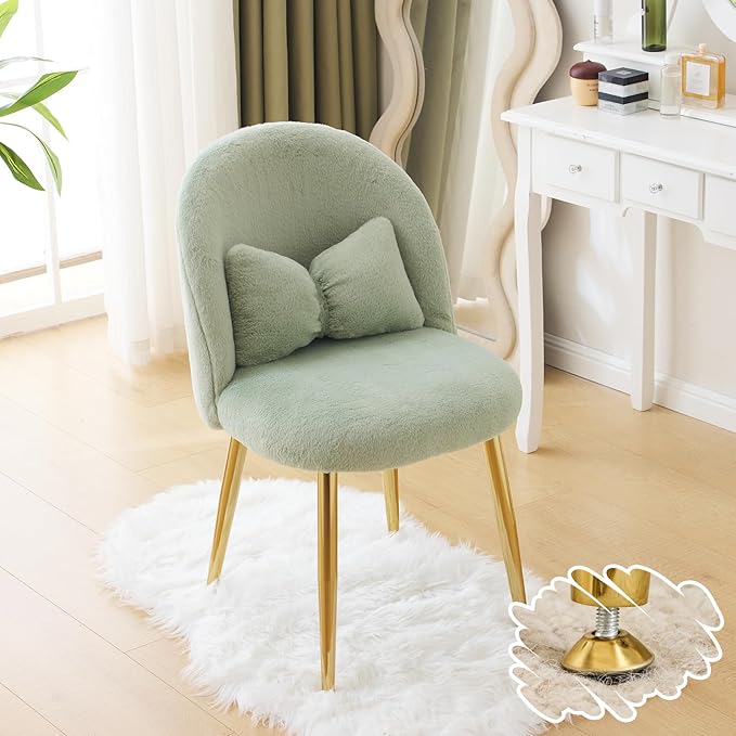 VINGLI Fluffy Girls Vanity Chair with Back &amp PillowCute Small Cozy Desk Chair No WheelsComfy Makeup Ch with Ajustable Gold Legsfor BedroomLiving RoomSmall SpaceGreen