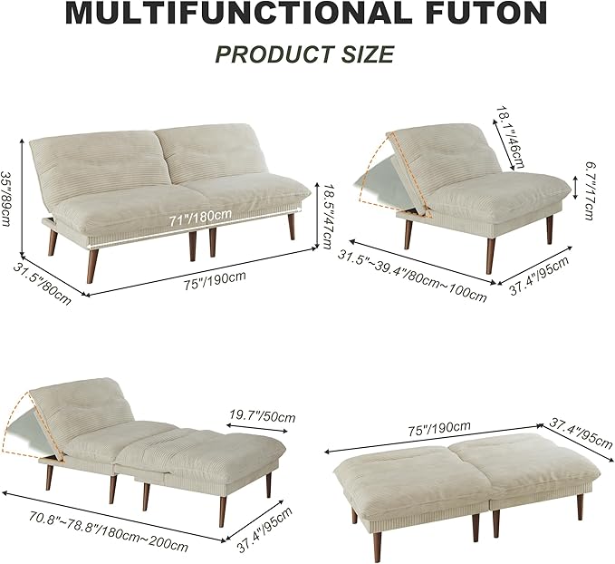 LLappuil Futon Sofa Bed 75 Futon Couch with Adjustable Backrest Corduroy Convertible Recliner Sleeper Sofa 4 in 1 Recliner Chair for Small Space Living Room Apartment Guest Room or Office Beige