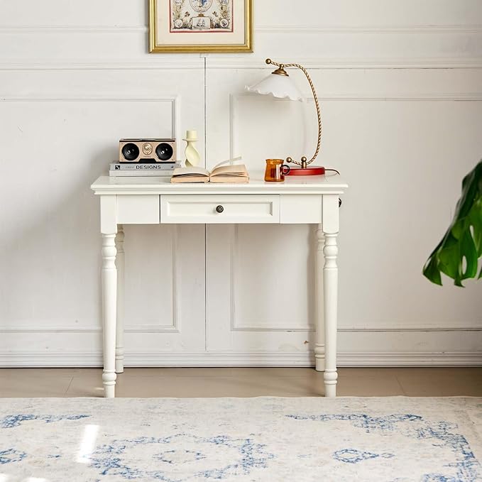 35” White Solid Wood Writing Desk with Drawers Farmhouse Computer Desk with File Storage Ideal for Home Office Bedroom or Study Room